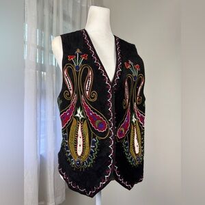 Vintage ‘90s Erez Levy 100% Leather Multicolored Embroidered Open Front Vest